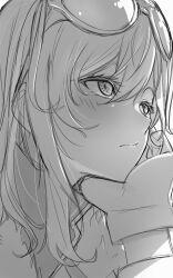 Rule 34 | 1girl, absurdres, blush, expressionless, eyewear on head, from side, gloves, greyscale, hand on own cheek, hand on own face, highres, hololive, hololive indonesia, kaela kovalskia, kay yu, looking ahead, medium hair, monochrome, portrait, solo, sunglasses, virtual youtuber