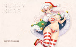 Rule 34 | 1girl, bikini, blush, breasts, cape, christmas, cleavage, facing viewer, female focus, hat, headphones, highres, large breasts, long hair, looking at viewer, merry christmas, navel, nitroplus, official art, official wallpaper, open mouth, pink eyes, pink hair, santa hat, smile, solo, star (symbol), star print, striped clothes, striped thighhighs, super sonico, swimsuit, thighhighs, tsuji santa