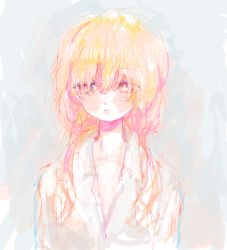 Rule 34 | 1girl, bad drawr id, bad id, blonde hair, blush, collared shirt, colorful, copyright request, dress shirt, facing viewer, gnsi, hair over eyes, long bangs, long hair, looking away, open clothes, open shirt, shirt, sideways glance, sketch, solo, upper body, white shirt, wing collar