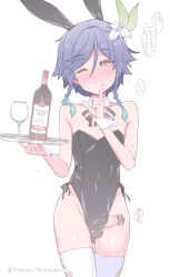 Rule 34 | 1boy, alternate costume, bar censor, bare arms, bare shoulders, black leotard, blue hair, blush, bottle, bow, bowtie, braid, censored, commentary request, cowboy shot, cup, dark blue hair, detached collar, drinking glass, erection, finger to mouth, flying sweatdrops, genshin impact, gradient hair, green eyes, heart, highres, holding, holding tray, leotard, looking at viewer, male focus, male playboy bunny, multicolored hair, nyakkuru, one eye closed, penis out, precum, short hair, shushing, side braids, simple background, smile, solo, speech bubble, spoken heart, strapless, strapless leotard, sweat, thighhighs, translation request, trap, tray, twin braids, venti (genshin impact), white background, white thighhighs, wine bottle, wine glass