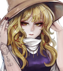 Rule 34 | 1girl, absurdres, blonde hair, brown hat, commentary request, embellished costume, expressionless, eyelashes, fingernails, gem, hair ribbon, hands up, hat, highres, huge filesize, jewelry, kyogoku-uru, lips, long hair, looking at viewer, moriya suwako, nail polish, nose, pendant, red nails, red ribbon, ribbon, simple background, solo, tattoo, touhou, turtleneck, upper body, white background, yellow eyes