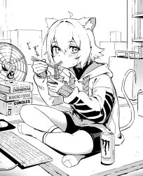 Rule 34 | 1girl, absurdres, ahoge, animal ear fluff, animal ears, bag, blush, book, bookshelf, bowl, box, brand name imitation, can, chopsticks, commentary, eating, electric fan, english commentary, figure, food, greyscale, gris (vertigris), highres, holding, holding bowl, holding chopsticks, hood, hood down, hoodie, indian style, indoors, keyboard (computer), long sleeves, monochrome, monster energy, mouse ears, mouse girl, mouse tail, nissin cup noodle, noodles, original, perl (vertigris), shirt, shopping bag, short hair, shorts, sitting, socks, solo, sweatdrop, tail, vertigris