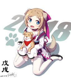 Rule 34 | 1girl, 2018, :d, animal, animal ears, bandana, black footwear, blue eyes, blush, bone hair ornament, chinese new year, commentary request, dated, dog, dog ears, dog girl, dog tail, fang, fur collar, hair ornament, hair ribbon, highres, holding, holding animal, holding dog, japanese clothes, kimono, langbazi, light brown hair, long hair, long sleeves, looking at viewer, new year, open mouth, original, pantyhose, parted bangs, purple ribbon, red bandana, ribbon, signature, sitting, sleeves past fingers, sleeves past wrists, smile, solo, tail, tongue, tongue out, very long hair, wariza, white background, white kimono, white pantyhose