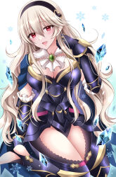 Rule 34 | 1girl, :d, armored leotard, ascot, black hairband, black leotard, black thighhighs, breasts, brooch, brown hair, cleavage, corrin (female) (fire emblem), corrin (fire emblem), crystal, fire emblem, fire emblem fates, gauntlets, hair between eyes, hairband, hand up, highres, jewelry, kirishima riona, large breasts, leotard, looking at viewer, nintendo, no shoes, open mouth, red eyes, smile, snowflakes, solo, stirrup legwear, thighhighs, toeless legwear, white ascot, white background