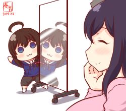 Rule 34 | 2girls, :3, ahoge, alternate costume, artist logo, black hair, black pants, blue eyes, blue hoodie, bow, braid, closed mouth, commentary request, dated, drawstring, closed eyes, hair bow, hair ornament, hair over shoulder, hood, hood down, hoodie, kanon (kurogane knights), kantai collection, long sleeves, mirror, multiple girls, one-hour drawing challenge, pants, pink shirt, red bow, reflection, shigure (kancolle), shirt, short hair, simple background, single braid, smile, socks, white background, white legwear, yamashiro (kancolle), aged down