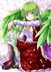 Rule 34 | 1girl, aka tawashi, ascot, black pantyhose, blush, breasts, brown footwear, commentary request, feathered wings, floral background, flower, green eyes, green hair, green wings, heterochromia, highres, kazami yuuka, kazami yuuka (pc-98), long hair, long sleeves, looking at viewer, medium breasts, on one knee, pantyhose, parted lips, petals, petticoat, pink flower, plaid, plaid skirt, plaid vest, red eyes, red skirt, red vest, shirt, shoes, skirt, solo, touhou, touhou (pc-98), umbrella, vest, white shirt, wings, yellow ascot