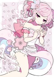 Rule 34 | 1girl, bare shoulders, cherry blossoms, dress, elina (e2n04n), frills, hair ornament, original, pink dress, pink eyes, pink hair, pointy ears, solo, thighs, twintails