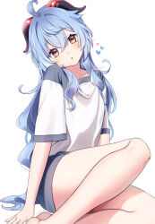 Rule 34 | 1girl, :o, ahoge, bare legs, blue hair, blush, commentary request, ganyu (genshin impact), genshin impact, harupipipi4, heart, highres, horns, long hair, looking at viewer, open mouth, purple eyes, shirt, shorts, sidelocks, sitting, solo, thighs, white background, white shirt