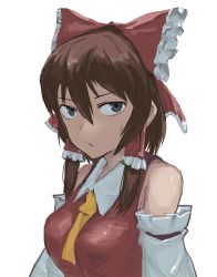 Rule 34 | 1girl, absurdres, ascot, bow, breasts, brown hair, closed mouth, commentary request, cookie (touhou), detached sleeves, frilled hair tubes, frills, hair between eyes, hair bow, hair tubes, hakonnbo, hakurei reimu, highres, looking at viewer, medium breasts, medium hair, red bow, reu (cookie), sidelocks, simple background, solo, touhou, transparent background, upper body, white sleeves, yellow ascot