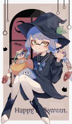 Rule 34 | 1girl, absurdres, bat (animal), black hat, blue bow, blue bowtie, blue hair, blue nails, border, bow, bowtie, braid, claw pose, commentary, crescent moon, gradient hair, happy halloween, hat, highres, inkling, inkling girl, inkling player character, leaf, long hair, moon, multicolored hair, nintendo, pointy ears, pumpkin, red hair, sitting, smile, solo, splatoon (series), splatoon 3, squid, stuffed toy, teeth, twin braids, two-tone hair, white border, window, witch hat, yellow eyes, yn uo0