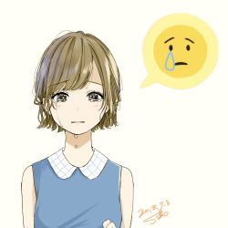 Rule 34 | 1girl, absurdres, bare shoulders, blue dress, brown eyes, brown hair, collared dress, crying, crying with eyes open, dated, dress, emoji, grey background, highres, looking at viewer, original, parted lips, sako (35s 00), short hair, signature, simple background, solo, speech bubble, sweat, tears, upper body