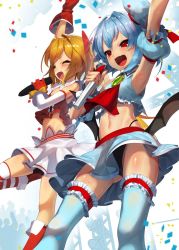 Rule 34 | 2girls, :d, ^ ^, alternate costume, arm up, armpits, ascot, bare shoulders, bat wings, black panties, blonde hair, blue hair, blue hat, blue skirt, blue thighhighs, blush, boots, bow, bridal garter, brooch, closed eyes, commentary request, confetti, crop top, crowd, detached sleeves, feet out of frame, flandre scarlet, gloves, gluteal fold, hair bow, hair intakes, hat, highleg, highleg panties, highres, holding, holding microphone, jewelry, low wings, microphone, midriff, mini hat, miniskirt, multiple girls, navel, no headwear, open mouth, panties, pantyshot, puffy short sleeves, puffy sleeves, red ascot, red bow, red footwear, red gloves, red legwear, remilia scarlet, scottie (phantom2), shiny skin, short hair, short sleeves, siblings, simple background, single thighhigh, sisters, skirt, smile, standing, standing on one leg, stomach, striped clothes, striped legwear, striped thighhighs, thighhighs, thighs, touhou, underwear, white background, white gloves, white headwear, white legwear, white skirt, wings