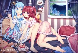 Rule 34 | 2girls, :q, bare legs, bare shoulders, barefoot, bed, black hairband, blue eyes, blue hair, blue panties, blunt bangs, bow, cake, canopy bed, chuor (chuochuoi), closed mouth, commentary request, cream, crown, detached sleeves, feet, food, fork, frilled pillow, frills, fruit, full moon, hair bow, hairband, hand up, holding, holding fork, holding plate, indoors, legs, long hair, mini crown, moon, multiple girls, night, night sky, nightgown, original, panties, parted lips, petals, pillow, pink bow, pink panties, plate, puffy short sleeves, puffy sleeves, purple eyes, red hair, see-through, short sleeves, side-tie panties, sitting, sky, smile, soles, spoken object, star (sky), starry sky, strawberry, stuffed animal, stuffed toy, teddy bear, tongue, tongue out, tower, transparent, two side up, underwear, very long hair