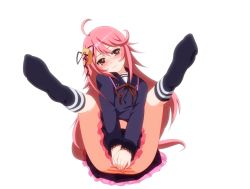 Rule 34 | 10s, 1girl, blush, covering crotch, covering privates, feet, hair ornament, kantai collection, long hair, looking at viewer, no shoes, panties, pink hair, red eyes, school uniform, serafuku, socks, solo, spread legs, striped clothes, striped panties, underwear, uzuki (kancolle), white background