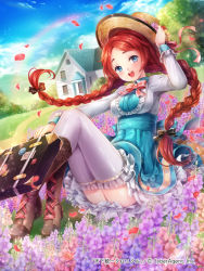 Rule 34 | 1girl, blue skirt, blush, boots, braid, brown footwear, cross-laced footwear, day, dress, flower, freckles, grass, hat, hat ribbon, high-waist skirt, hobak, house, knee boots, lace-up boots, long hair, long sleeves, petticoat, rainbow, ribbon, sitting, skirt, sky, smile, solo, suitcase, tenka touitsu chronicle, tenkuu no crystalia, thighhighs, twin braids