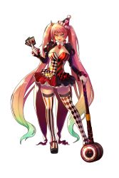 Rule 34 | 00s, 1girl, absurdres, argyle, argyle clothes, argyle legwear, asymmetrical legwear, blonde hair, breasts, card, cleavage, cleavage cutout, clothing cutout, contrapposto, dress, dungeon and fighter, evil smile, frills, full body, gloves, gradient hair, green hair, hammer, harlequin, harlequin (pattern), hat, heart, heart-shaped pupils, heterochromia, highres, horns, licking lips, long hair, looking at viewer, mismatched legwear, multicolored hair, pink hair, playing card, puyon (pixiv), puyon (puyon), short dress, single horn, smile, solo, standing, striped clothes, striped thighhighs, symbol-shaped pupils, thighhighs, tongue, tongue out, transparent background, twintails, vertical-striped clothes, vertical-striped thighhighs, very long hair, white gloves