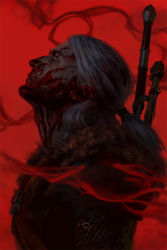 Rule 34 | 1boy, armor, blood, cover, face, fur collar, geralt of rivia, long hair, male focus, official art, ponytail, profile, red background, smoke, solo, sword, the witcher (series), tommy arnold, weapon, weapon on back, white hair
