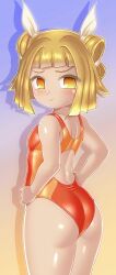 Rule 34 | 1girl, ass, blonde hair, blunt bangs, competition swimsuit, double bun, from behind, gradient background, hair bun, hands on own hips, highres, joutouguu mayumi, looking at viewer, looking back, one-piece swimsuit, orange one-piece swimsuit, short hair, solo, swimsuit, touhou, two-tone swimsuit, winn, yellow eyes