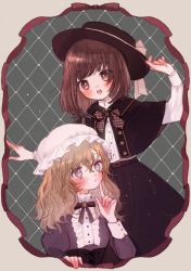 Rule 34 | 2girls, arms up, belt, black bow, black capelet, black headwear, black skirt, blonde hair, blush, bow, bowtie, breasts, brown belt, brown bow, brown bowtie, brown eyes, brown hair, buttons, capelet, closed mouth, collar, dress, green background, grey background, hair between eyes, hair bow, hand up, hands up, hat, hat bow, highres, juliet sleeves, long sleeves, looking at another, looking down, looking up, maribel hearn, medium breasts, medium hair, mob cap, multiple girls, open mouth, plaid, plaid bow, puffy sleeves, purple dress, purple eyes, purple sleeves, shirt, short hair, skirt, standing, teeth, tongue, touhou, usami renko, white bow, white headwear, white shirt, white sleeves, yujup