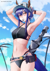 Rule 34 | 1girl, absurdres, alfarejected, arknights, armpits, arms behind head, arms up, bare arms, bare shoulders, baseball cap, belt, bikini, black bikini, blue hair, blue sky, blush, ch&#039;en (arknights), ch'en (arknights), cloud, commentary, cowboy shot, day, dragon horns, dragon tail, english commentary, female tourist c (arknights), hair tie in mouth, hat, highres, horns, horns through headwear, long hair, mouth hold, navel, official alternate costume, open fly, pouch, red eyes, sidelocks, sky, solo, standing, stomach, swimsuit, tail