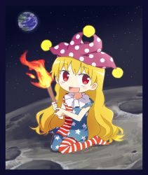 Rule 34 | 1girl, american flag dress, american flag legwear, american flag shirt, blonde hair, clownpiece, earth (planet), fairy wings, hat, highres, jester cap, long hair, moon, on moon, pantyhose, planet, red eyes, sitting, solo, striped clothes, striped pantyhose, torch, touhou, very long hair, wariza, wings, yamabuki (yusuraume)