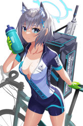 Rule 34 | 1girl, alternate costume, animal ears, assault rifle, bag, beppu mitsunaka, bicycle, blue archive, blue eyes, blush, bottle, breasts, cleavage, gloves, gun, halo, highres, medium breasts, open clothes, rifle, shiroko (blue archive), shiroko (cycling) (blue archive), sig sauer 556, silver hair, simple background, smile, solo, sportswear, water bottle, weapon, white background