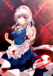 Rule 34 | 1girl, apron, artist request, bat wings, between fingers, blue dress, bow, braid, breasts, commentary request, cowboy shot, dress, frilled apron, frills, green bow, green ribbon, hair bow, hands up, highres, holding, holding knife, holding weapon, izayoi sakuya, knife, knives between fingers, large breasts, looking at viewer, maid, maid apron, maid headdress, neck ribbon, puffy short sleeves, puffy sleeves, red background, red eyes, ribbon, shirt, short hair, short sleeves, silver hair, solo, third-party source, touhou, twin braids, v-shaped eyebrows, waist apron, weapon, white apron, white shirt, wings