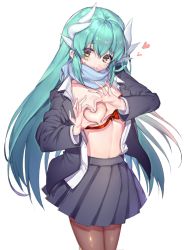 Rule 34 | 1girl, aqua hair, bad id, bad pixiv id, black jacket, black skirt, blush, bra, bra pull, breasts, brown pantyhose, clothes pull, commentary request, cowboy shot, dragon girl, dragon horns, fate/grand order, fate (series), heart, heart-shaped boob challenge, heart hands, horns, jacket, kiyohime (fate), long hair, looking at viewer, medium breasts, mogullaz, multiple horns, navel, one breast out, open clothes, pantyhose, pleated skirt, red bra, scarf, school uniform, shirt, simple background, skirt, solo, standing, stomach, underwear, very long hair, white background, white shirt, yellow eyes