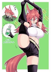 Rule 34 | 1girl, :3, absurdres, animal ear fluff, animal ears, armpits, arms up, bare shoulders, belt, black gloves, black shorts, black thighhighs, blue eyes, blush, breasts, commentary request, crop top, cropped sweater, elbow gloves, fang, fingerless gloves, firo (shun soku), flexible, gloves, hair between eyes, highres, large breasts, leg lift, leg up, long hair, looking at viewer, midriff, navel, open mouth, original, red hair, ribbed sweater, shiboritoranaide onna shounin-san, short shorts, shorts, shun soku, simple background, skindentation, sleeveless, sleeveless sweater, smile, smug, split, standing, standing on one leg, standing split, sweater, tail, thighhighs, thighs, translation request, turtleneck, turtleneck sweater, wolf ears, wolf tail
