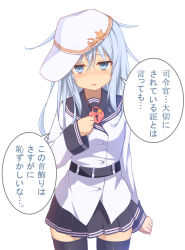 Rule 34 | 10s, 1girl, bad id, bad pixiv id, black thighhighs, blue eyes, blue hair, blush, hammer and sickle, hat, heart, heart-shaped lock, heart necklace, hibiki (kancolle), jewelry, kantai collection, lock, long hair, looking at viewer, matching hair/eyes, necklace, personification, pleated skirt, school uniform, serafuku, shinopoko, silver hair, simple background, skirt, solo, star (symbol), thighhighs, translated, verniy (kancolle), wavy mouth, white background, zettai ryouiki