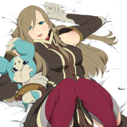 Rule 34 | 00s, bad id, bad pixiv id, brown hair, detached sleeves, gloves, hug, long hair, lying, mieu (tales), mineji, tales of (series), tales of the abyss, tear grants, thighhighs