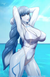 Rule 34 | 1girl, arms up, blue eyes, blue hair, blue skin, breasts, cleavage, colored skin, dahlia (xenoblade), female focus, highres, large breasts, lipstick, long hair, looking at viewer, makeup, matching hair/eyes, nofuture, ocean, one-piece swimsuit, rabbit ears, rabbit tail, solo, swimsuit, xenoblade chronicles (series), xenoblade chronicles 2
