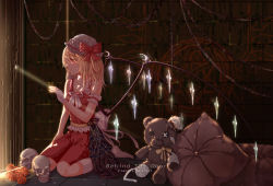 Rule 34 | 1girl, absurdres, arm garter, bandaged arm, bandages, bare arms, bare shoulders, blonde hair, blouse, bow, button eyes, buttons, character name, colored eyelashes, commentary request, crystal, diamond (gemstone), english text, eyelashes, flandre scarlet, flower, from side, hat, hat bow, highres, indoors, kneehighs, light rays, long hair, miniskirt, mob cap, niuy, no shoes, pillow, profile, red bow, red flower, red rose, red shirt, red skirt, ribbon, rose, shirt, sitting, skirt, skull, sleeveless, sleeveless shirt, socks, solo, sparkle, stuffed animal, stuffed toy, teddy bear, touhou, wariza, white hat, white ribbon, white socks, wings