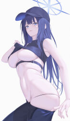 Rule 34 | 1girl, absurdres, baseball cap, black hair, black hat, black panties, black pants, black shirt, blue archive, blue eyes, breasts, closed mouth, clothes lift, clothes pull, from side, halo, hat, highres, large breasts, lifting own clothes, looking at viewer, midriff, navel, nmi, panties, pants, pants pull, pulling own clothes, saori (blue archive), shirt, sleeveless, sleeveless shirt, smile, solo, teasing, thong, toned, underboob, underwear