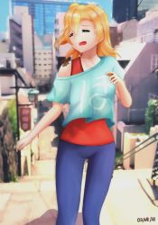 Rule 34 | 1girl, aqua shirt, artist name, artist request, bare shoulders, blue pants, blue sky, blush, bow, breasts, city, city lights, closed eyes, cloud, collarbone, day, female focus, hair between eyes, highres, kosaka honoka, looking at viewer, love live!, love live! school idol festival, love live! school idol project, orange hair, outdoors, pants, parted lips, ponytail, red shirt, red wristband, scrunchie, shirt, short hair, short ponytail, side ponytail, sky, small breasts, smile, solo, undershirt, wristband, yellow scrunchie