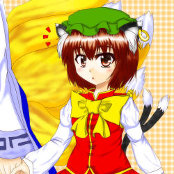 Rule 34 | 2girls, :o, animal ears, bow, brown eyes, brown hair, cat ears, cat tail, checkered background, chen, dress, earrings, fox tail, hat, high collar, holding hands, jewelry, long sleeves, looking at viewer, mob cap, multiple girls, multiple tails, out of frame, short hair, simple background, single earring, skirt, skirt set, tail, touhou, yakumo ran, zeokiro