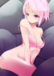 Rule 34 | 1girl, bare arms, bare shoulders, between legs, blush, bottomless, bra, breasts, collarbone, commentary request, dot nose, hand between legs, lisbeth (sao), looking to the side, lying, medium breasts, nipples, no panties, off shoulder, on side, pillow, pink bra, pink eyes, pink hair, pon (shind 997), short hair, solo, sword art online, underwear