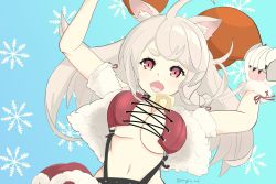 Rule 34 | 1girl, absurdres, animal ears, animal hands, arms up, azur lane, bell, blue background, braid, breasts, chicken (food), collar, commentary request, eyebrows hidden by hair, fang, food, gloves, highres, holding, holding food, large breasts, long hair, looking at viewer, midriff, navel, neck bell, official alternate costume, open mouth, paw gloves, red eyes, shanghai kani, side braid, side ponytail, sidelocks, silver hair, skin fang, skirt, snowflake background, solo, suspender skirt, suspenders, tail, thick eyebrows, underboob, upper body, white gloves, wolf ears, wolf tail, yuudachi (azur lane), yuudachi (woofy floofy christmas night) (azur lane)
