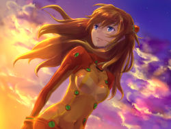 Rule 34 | 00s, 1girl, blue eyes, bodysuit, cleavage, cloud, evangelion: 2.0 you can (not) advance, female focus, isumimax, lips, long hair, multicolored clothes, neon genesis evangelion, orange hair, outdoors, plugsuit, rebuild of evangelion, red hair, see-through, see-through cleavage, sky, solo, souryuu asuka langley, sunset, test plugsuit, wind