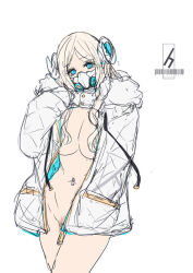 Rule 34 | 1girl, ban! (bansankan), blonde hair, blue eyes, breasts, collar, collarbone, contrapposto, earrings, female pubic hair, fur trim, groin, hand in pocket, head tilt, horns, jacket, jewelry, large breasts, looking at viewer, mask, naked jacket, original, pubic hair, purple horns, simple background, sketch, solo, white background