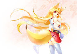 Rule 34 | 1girl, adapted uniform, animal ears, bad id, bad pixiv id, blonde hair, breasts, detached sleeves, fox ears, fox tail, japanese clothes, long hair, miko, open mouth, original, pleated skirt, red eyes, sakuyosi, see-through, sideboob, skirt, smile, solo, tail, thighhighs, very long hair, white thighhighs