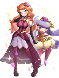 Rule 34 | 1girl, absurdres, alternate color, bare shoulders, black choker, blush, breasts, brown gloves, choker, closed mouth, commentary request, creatures (company), crown, dress, elbow gloves, falling petals, game freak, gen 7 pokemon, glint, gloves, gonzarez, green eyes, hair ornament, hand on own face, hand up, heart, heart hair ornament, highres, large breasts, long hair, mini crown, nintendo, official alternate costume, orange hair, pantyhose, pendant choker, petals, pokemon, pokemon (creature), pokemon masters ex, purple pantyhose, shiny pokemon, smile, sonia (pokemon), sonia (special costume) (pokemon), sparkle, striped clothes, striped dress, tsareena, white background