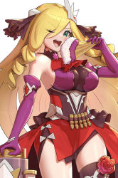 Rule 34 | bare shoulders, blonde hair, breasts, bullet, chelle (dragalia lost), detached sleeves, dragalia lost, drill hair, gloves, gonzarez, green eyes, hair ornament, hand fan, highres, holding, holding fan, large breasts, long hair, looking at viewer, official alternate costume, open mouth, purple gloves, solo, thighhighs, turtleneck, upper body