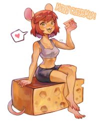 Rule 34 | 1girl, :d, absurdres, animal ears, barefoot, black shorts, blush, bob cut, breasts, buck teeth, camisole, cleavage, crossed legs, food, furry, furry female, gift art, green eyes, grey camisole, heart, highres, holding, holding food, looking at viewer, medium breasts, merry christmas, midriff, mouse ears, mouse girl, mouse tail, navel, open mouth, original, red hair, shorts, simple background, sitting, smile, solo, spoken heart, sui (suizilla), tail, teeth, white background