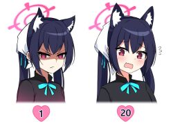 Rule 34 | 1girl, angry, animal ear fluff, animal ears, black hair, blue archive, cat ears, closed mouth, commentary request, cropped torso, embarrassed, extra ears, halo, heart, long hair, looking at viewer, multiple views, nanju bami, official alternate costume, open mouth, pink halo, red eyes, serika (blue archive), sidelocks, simple background, twintails, waitress, white background