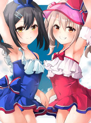 Rule 34 | 2girls, arm up, armpits, bare shoulders, black hair, blue one-piece swimsuit, blush, bow, breasts, brown eyes, cape, collarbone, cosplay, covered navel, dress swimsuit, fate/grand order, fate/kaleid liner prisma illya, fate (series), grin, illyasviel von einzbern, illyasviel von einzbern (swimsuit archer), illyasviel von einzbern (swimsuit archer) (cosplay), illyasviel von einzbern (swimsuit archer) (second ascension), inflatable armbands, long hair, looking at viewer, miyu edelfelt, mochi (k620803n), multiple girls, one-piece swimsuit, orange eyes, pink cape, red bow, red eyes, red one-piece swimsuit, small breasts, smile, star (symbol), star print, swimsuit, thighs, twintails, visor cap, white hair