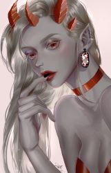 Rule 34 | 1girl, backlighting, bare shoulders, breasts, choker, cleavage, earrings, eyelashes, eyeliner, eyeshadow, finger to mouth, geti pp, glint, grey hair, highres, horns, jewelry, korean commentary, lipstick, long hair, looking at viewer, makeup, multiple earrings, multiple horns, original, pale skin, parted lips, pink gemstone, pointy ears, red eyes, red horns, red lips, signature, simple background, solo, sparkle, straight hair, strap, upper body