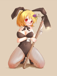 Rule 34 | 1girl, aki minoriko, animal ears, arinu, bare shoulders, blonde hair, blush, breasts, brown background, cleavage, fake animal ears, fishnet pantyhose, fishnets, food, food-themed clothes, fruit, grapes, hair ornament, highres, hoe, kneeling, large breasts, leotard, neck ribbon, open mouth, pantyhose, playboy bunny, rabbit ears, red eyes, ribbon, short hair, simple background, solo, touhou, unmoving pattern, worktool, wrist cuffs