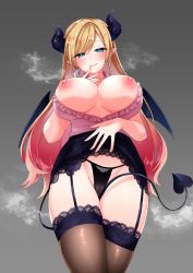 Rule 34 | 1girl, bare shoulders, black panties, black skirt, black thighhighs, blonde hair, blue eyes, blush, breasts, breasts out, clothes lift, demon girl, demon horns, demon tail, demon wings, festa11307070, garter straps, head tilt, highres, hololive, horns, large breasts, lifting own clothes, long hair, looking at viewer, nipples, panties, parted lips, pink shirt, pointy ears, shirt, skirt, skirt lift, sleeveless, sleeveless shirt, smile, solo, standing, tail, thighhighs, underwear, very long hair, virtual youtuber, wings, yuzuki choco, yuzuki choco (1st costume)