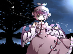 Rule 34 | 1girl, animal ears, beamed eighth notes, bird ears, bird wings, brown dress, brown hat, dress, eighth note, frilled dress, frills, hammer (sunset beach), hat, juliet sleeves, long sleeves, musical note, mystia lorelei, open mouth, pink eyes, pink hair, puffy sleeves, quarter note, short hair, smile, solo, touhou, white wings, winged hat, wings